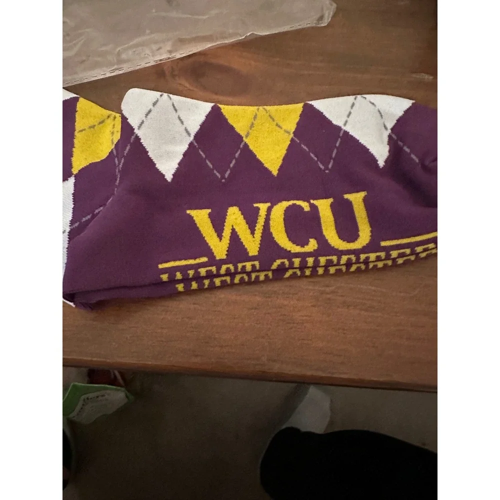West Chester University WCU Golden Rams Argyle Dress Socks Purple Gold Crew - Picture 2 of 3